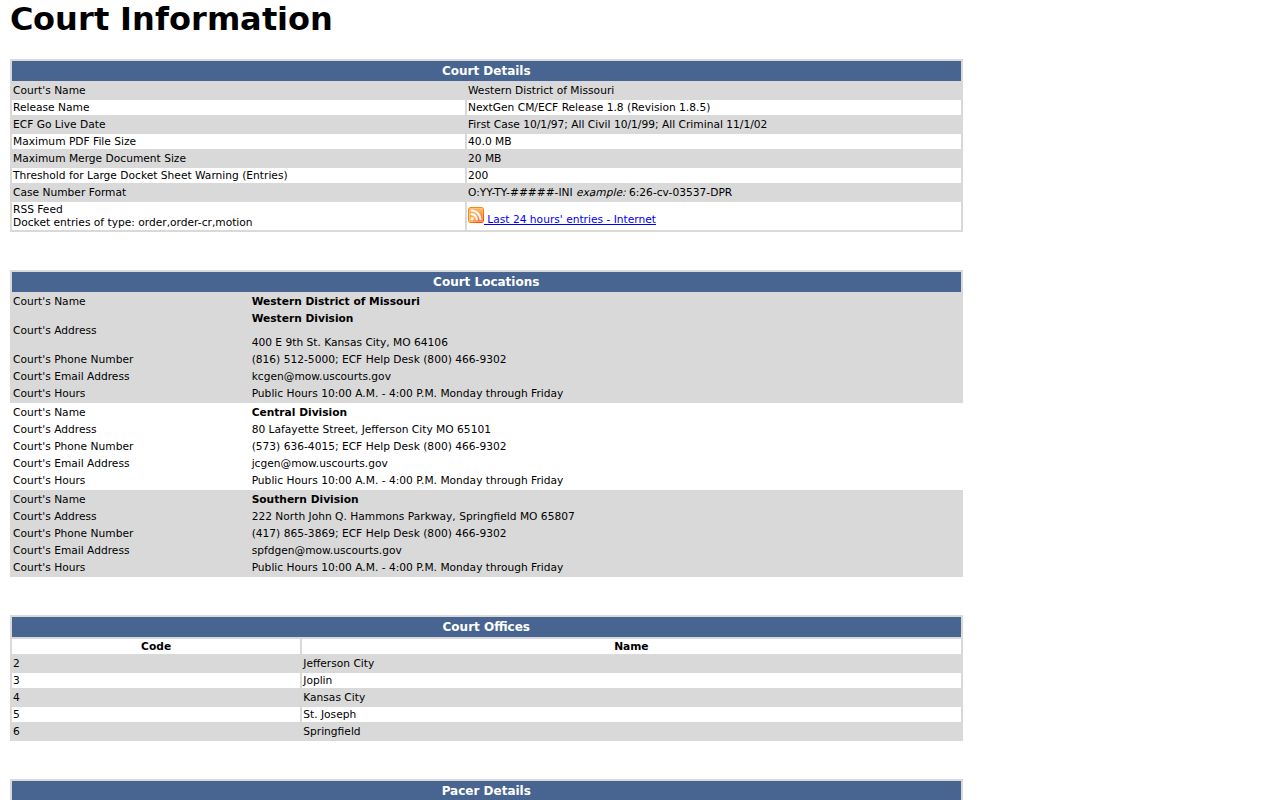 Harrison County case search reference showing the Western District federal court information page
