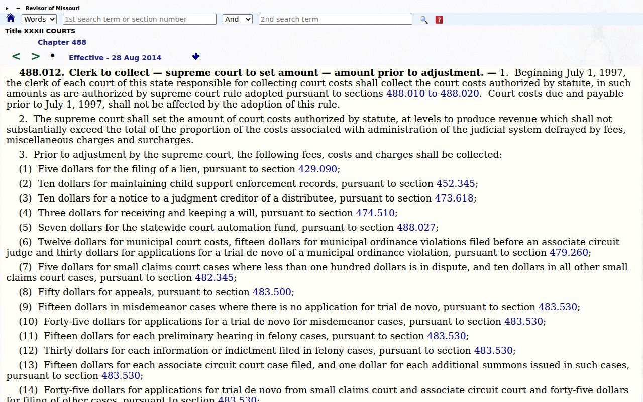 Harrison County civil docket image showing Missouri court-cost statute source