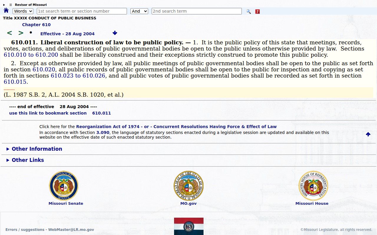 Harrison County civil docket image showing Missouri open-records policy source