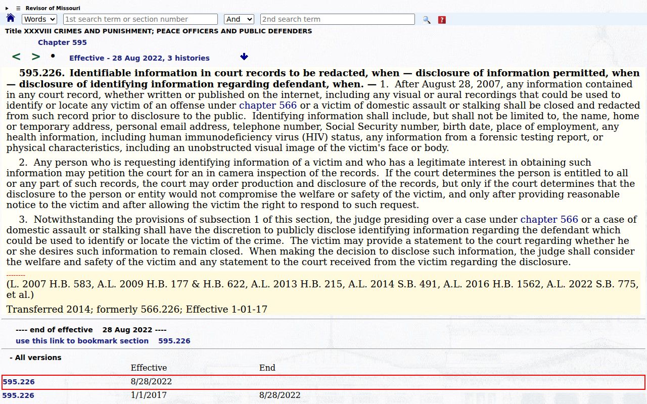 Harrison County criminal docket access image showing Missouri victim-information protection source