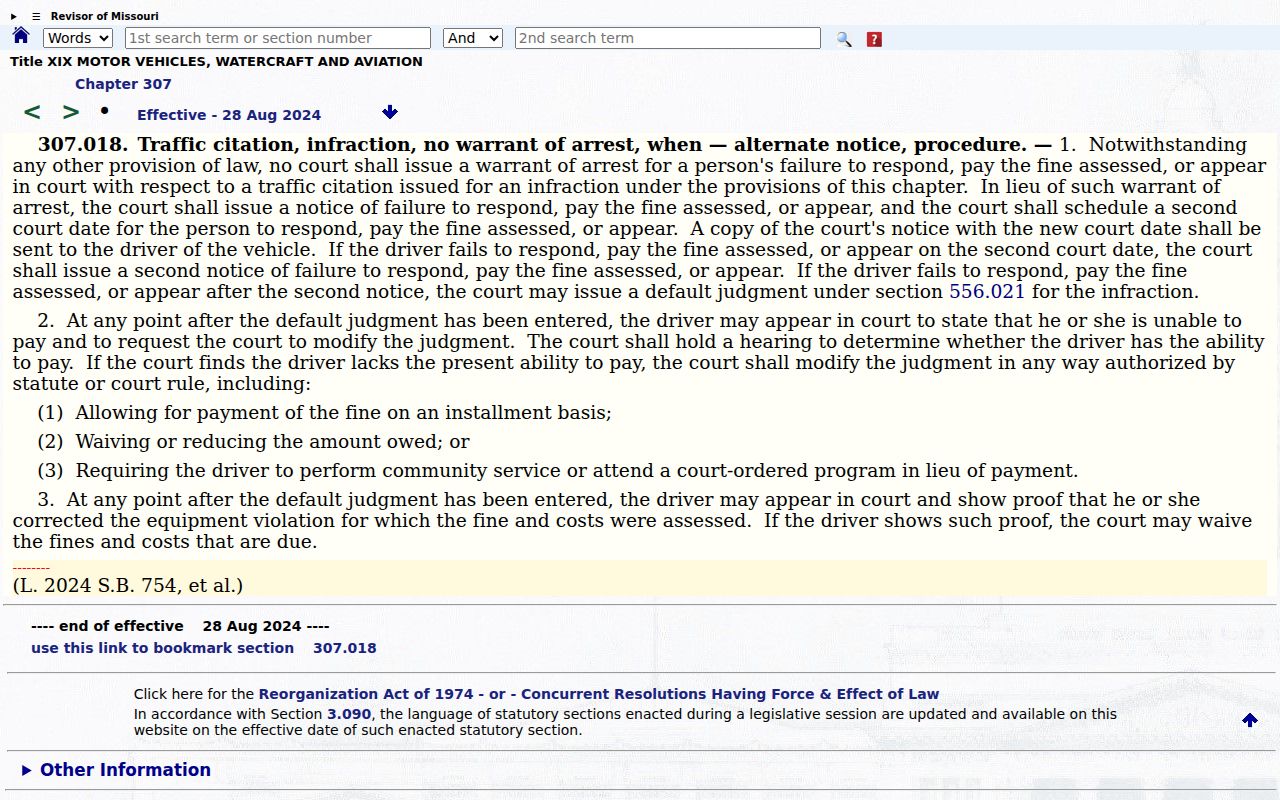 Harrison County traffic court records reference showing Missouri traffic-infraction notice statute