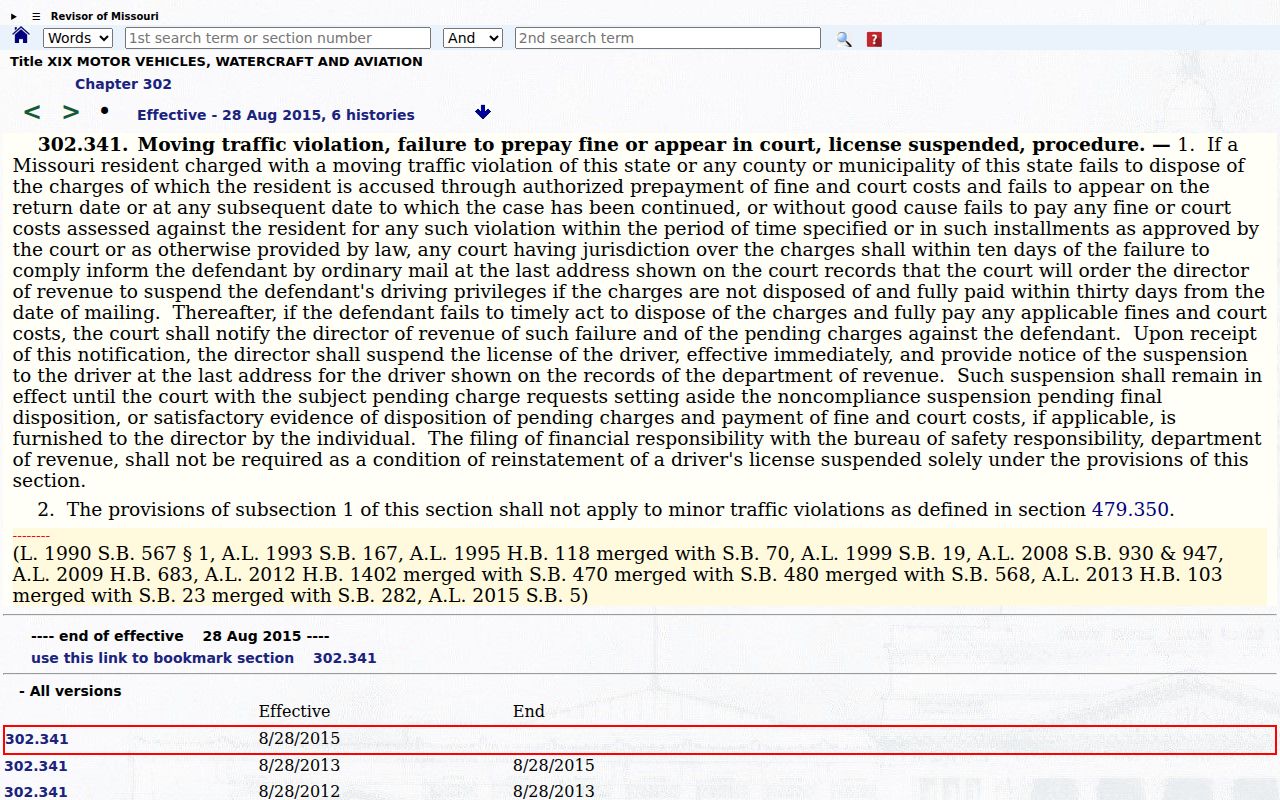 Harrison County traffic court records reference showing Missouri failure-to-appear licensing statute
