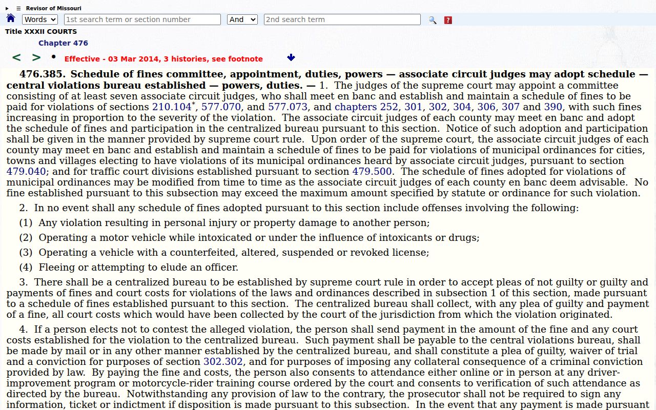 Harrison County traffic court records reference showing Missouri centralized violations bureau statute