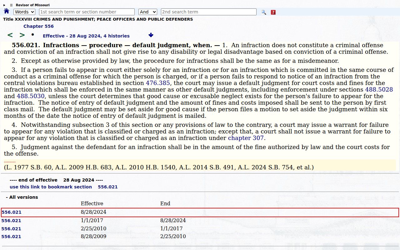 Harrison County traffic court records reference showing Missouri infraction definition statute